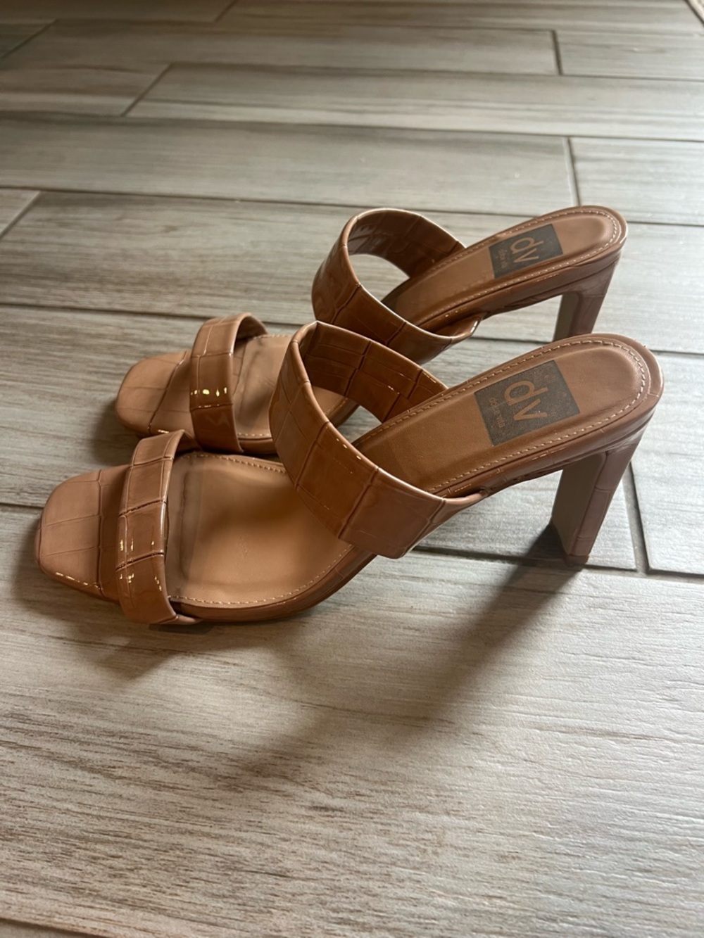 DV by Dolce Vita Croc-Embossed Tan Strappy High Heel Mules